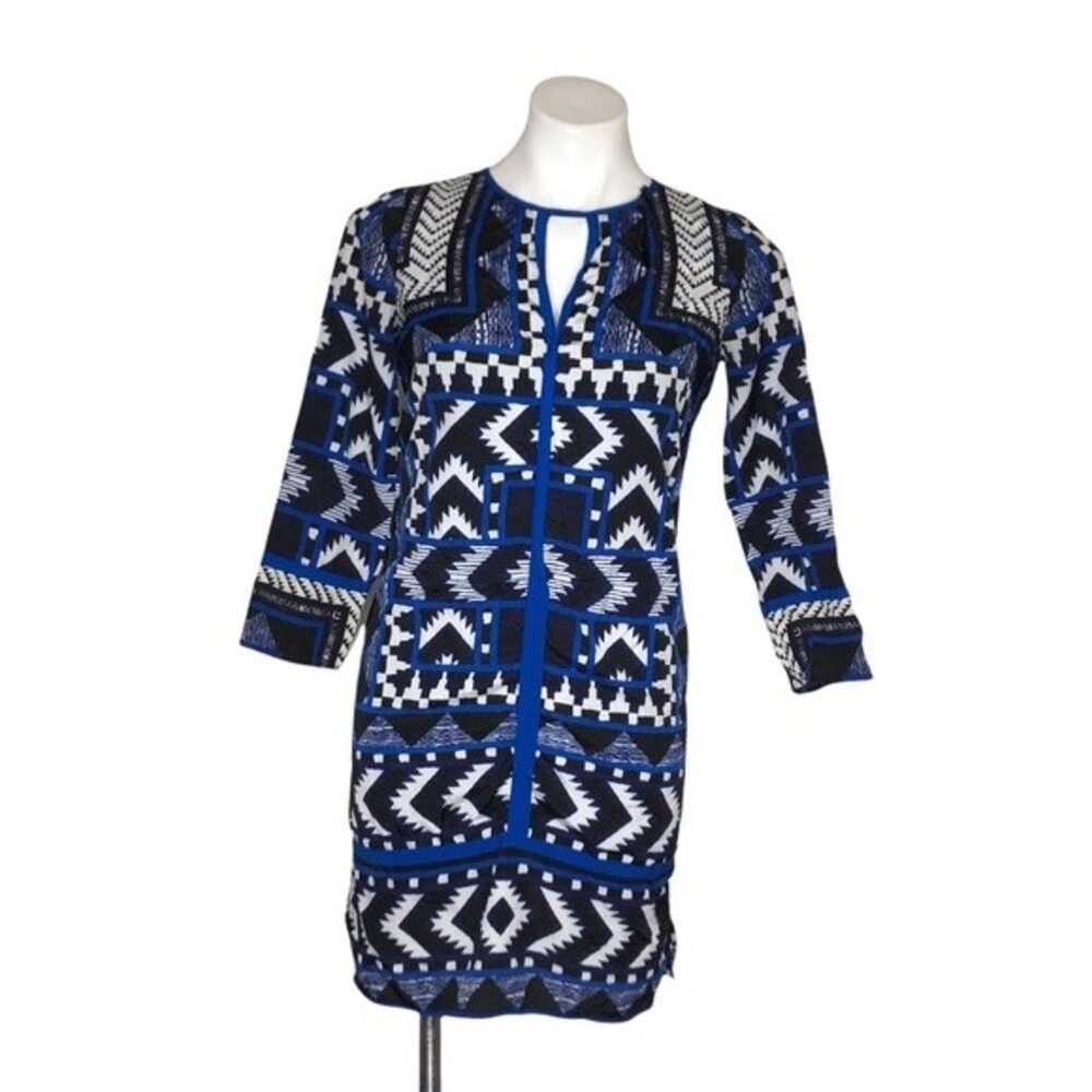 VINCE CAMUTO Blue Black Geometric Abstract Print  Long Sleeve Lined Size 2